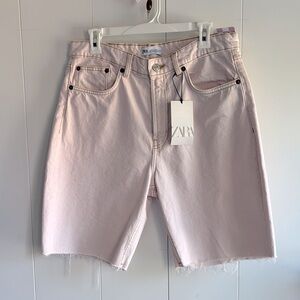 New! Zara Pink Jean Shorts with Frayed Hem Relaxed Fit Size 10